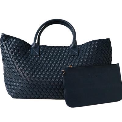 Leather Weave Tote Bag (Navy)